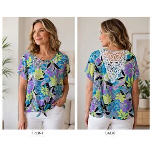 Stella & Ginger Purple White Floral Lace Back Flutter Sleeve Top NWOT Size 1X